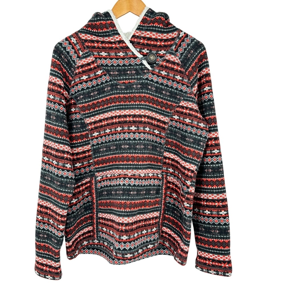 Koppen Fair Isle Pocket Hoodie Women XL Red Black Sherpa Lined Hood Pullover
